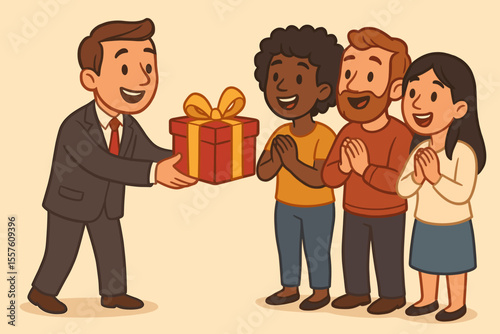 Generous businessman giving a gift box present to a diverse group of happy people. Corporate social responsibility, charity, donation, and community support concept. Vector cartoon.