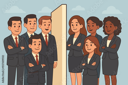 Gender division in corporate business. Wall separating team of men and women. Concept of workplace inequality, sexism, segregation, and professional bias. Glass ceiling metaphor.