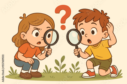 Curious kids exploring with magnifying glasses. Cartoon boy and girl searching for clues in nature. Concept of discovery, science, education, and childhood wonder with a question mark.