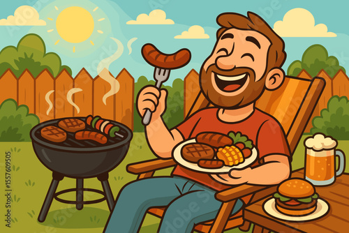 Happy man enjoying a summer backyard barbecue party. Cartoon character relaxing with a plate of grilled food, sausage, and beer. Outdoor cooking and leisure concept vector illustration.