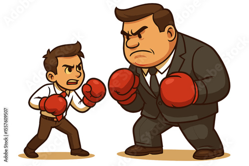 David vs Goliath business concept. Small entrepreneur fighting a big corporate monopoly boss in a boxing match. Unfair competition, market challenge and courage metaphor. Vector.