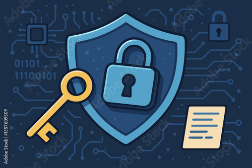 Cybersecurity concept with shield protection and digital lock. Private key for access and data encryption. Network safety, firewall, and information privacy on a circuit board background.