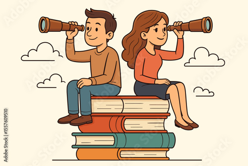 Couple with different future goals looking in opposite directions with spyglasses while sitting on books. Relationship disagreement, different perspectives, vision concept. Vector.