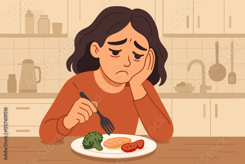 Sad woman with no appetite looking at food. Concept of eating disorder, depression, anorexia, diet. Unhappy girl with mental health problem. Vector flat cartoon illustration.