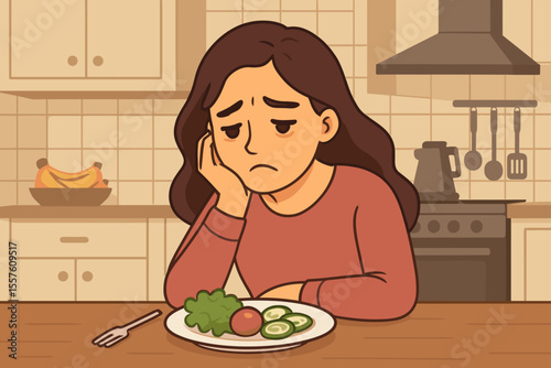 Depressed woman with no appetite concept. Sad girl with eating disorder staring at diet food. Anorexia, mental health problem, unhealthy lifestyle. Vector cartoon illustration.