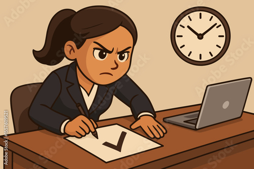 Determined businesswoman focused on task completion. Concept of meeting a deadline, productivity, efficiency, and success. Female worker drawing a checkmark at her desk. Vector cartoon.