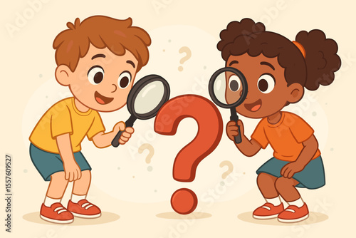 Curious diverse kids, a boy and girl, exploring with a magnifying glass and investigating a big red question mark. Concept of childhood discovery, problem-solving, education, and learning.
