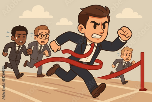 Businessman winning a race, crossing the finish line ahead of rivals. Metaphor for business competition, success, leadership, and achieving goals. Vector cartoon illustration.