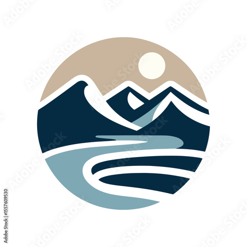 Stylized landscape logo featuring mountains, a river, and a sun against a circular background