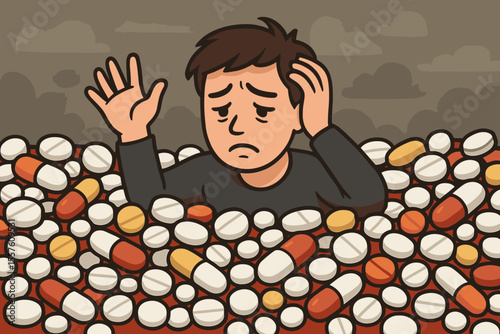 Depressed man drowning in a sea of pills. Mental health crisis concept. Medication dependency, addiction, and feeling overwhelmed by prescription drugs. Vector illustration.