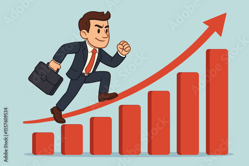 Concept of business success and career growth. Determined businessman running on an upward arrow over a rising bar graph. Financial progress, achievement and ambition metaphor.