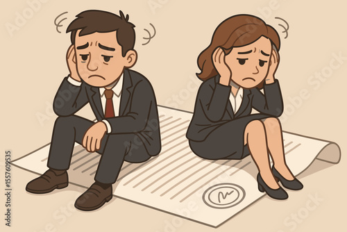 Overwhelmed business team, man and woman, sitting on long contract. Stress, failure, and frustration from paperwork. Financial crisis or legal trouble concept. Vector cartoon.