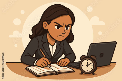 Stressed determined businesswoman focusing on a task to meet a deadline. Angry female employee working under pressure. Concept of time management, productivity, and concentration.