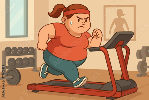 Obese woman exercising for weight loss. Determined plus-size girl running on a treadmill in the gym. Fat to fit transformation concept. Fitness workout motivation cartoon vector.
