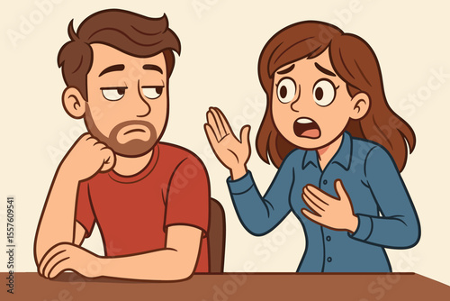 Couple arguing. Bored man ignoring anxious woman. Relationship problems, communication breakdown, conflict concept. Unhappy marriage, family crisis. Indifference, apathy. Vector.