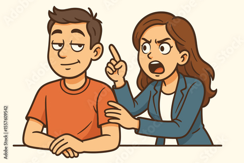 Angry woman arguing with indifferent man ignoring her. Couple conflict, relationship problems. Frustrated wife scolding bored husband. Miscommunication concept. Vector cartoon illustration.