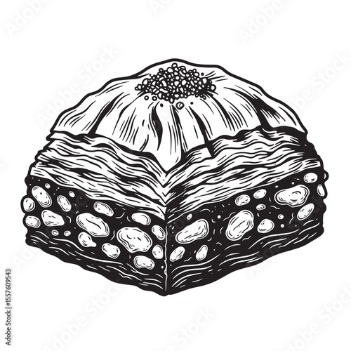 Delicious vintage art silhouette of a single serving traditional baklava dessert with rich layers and nuts in black and white illustration