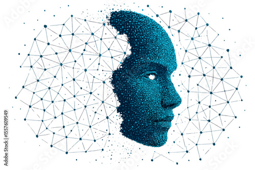 Artificial intelligence concept. Digital human face made of particles with a neural network background. Machine learning, big data, futuristic technology, and virtual science metaphor.