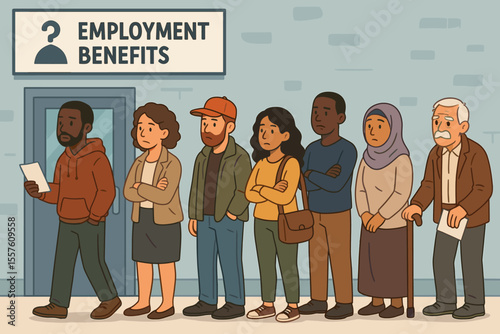 Diverse crowd of sad people standing in line for unemployment benefits. Jobless characters waiting for social support. Economic crisis, recession, and job loss vector concept.
