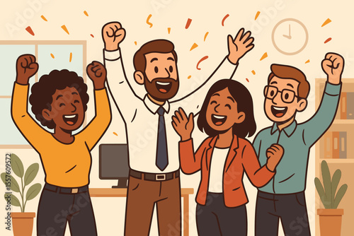 Happy diverse business team celebrating success at work. Cheerful employees rejoice in victory and achievement. Corporate teamwork and job satisfaction concept. Flat vector illustration.