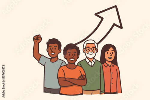Diverse team of people symbolizing growth and success. Multicultural business group with upward arrow. Concept of teamwork, progress, development and collaboration. Vector cartoon.
