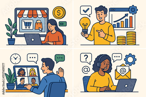 Online business process illustration set. E-commerce, startup idea, financial analytics, remote team video meeting, and customer service support via email. Vector cartoon concept.