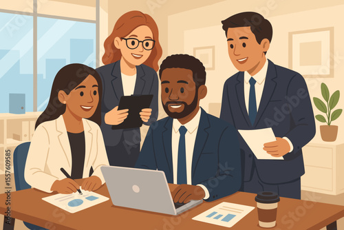 Diverse business team collaborating in office. People working together on project with laptop. Teamwork, communication, and strategy meeting. Vector cartoon illustration concept.