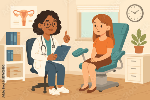 Gynecologist doctor consulting a female patient in the clinic. Woman at a medical appointment for a checkup. Healthcare, women's health, and reproductive system concept. Cartoon vector.