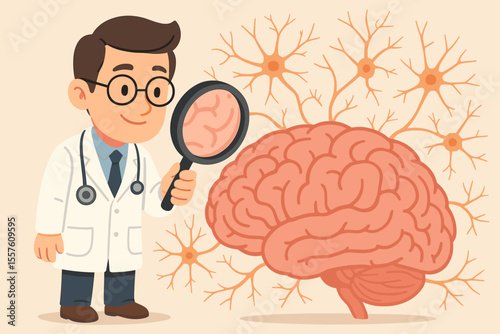 Doctor analyzing human brain and neuronal network. Neurologist with magnifying glass studies mind. Concept of neurology, psychology, mental health. Science research cartoon vector.