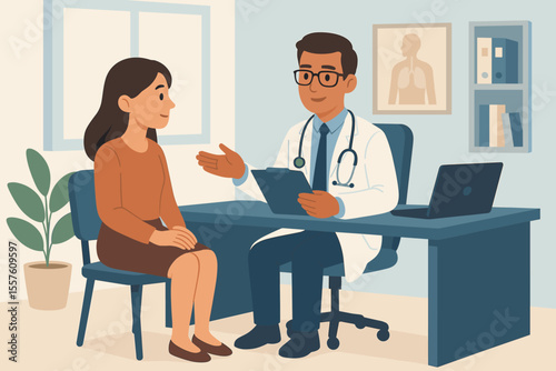 General practitioner consulting a female patient in clinic. Male doctor giving medical advice, diagnosis. Woman at a hospital appointment. Healthcare and medicine vector illustration.