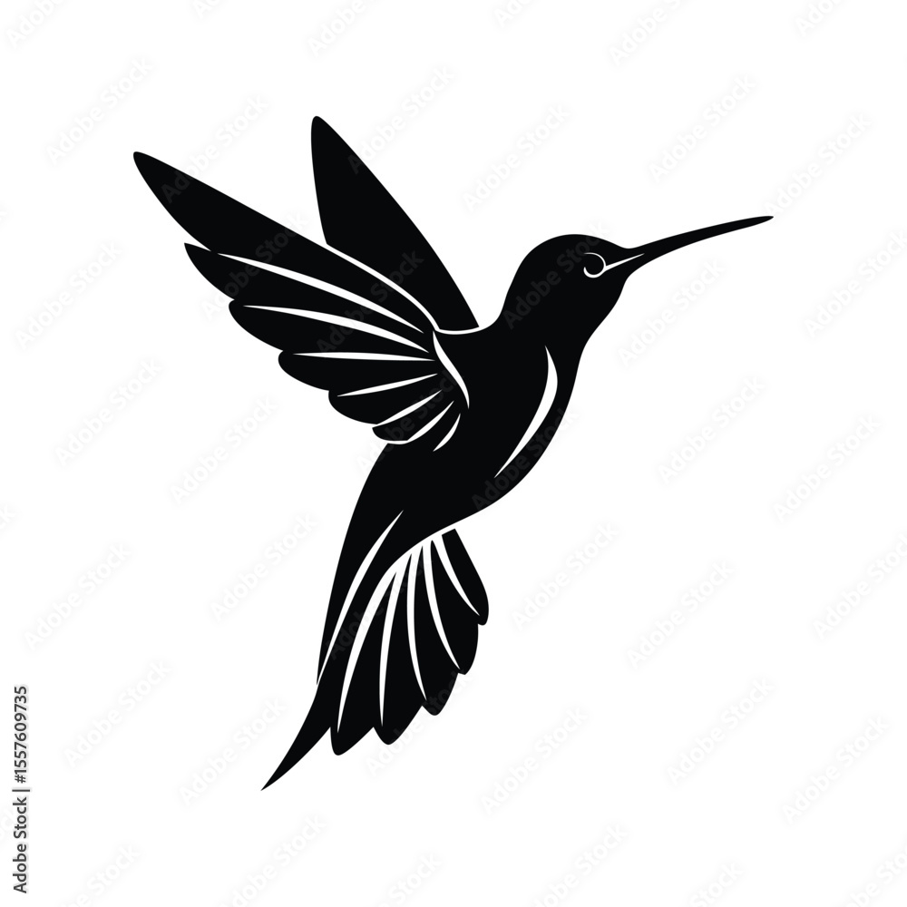 Obraz premium Dynamic flying hummingbird with outstretched wings captured in a bold graphic silhouette style