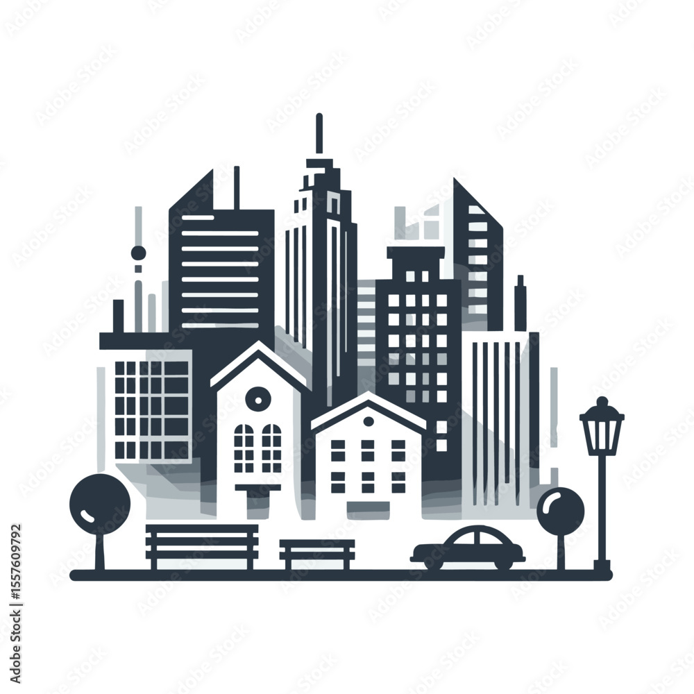 Fototapeta premium Urban skyline featuring modern and traditional architecture with a car and streetlamps