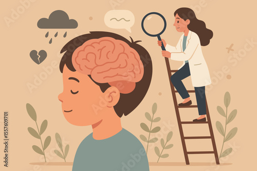Child Psychology Concept. Female Psychologist Climbing Ladder Examining Child Brain with Magnifying Glass. Mental Health Diagnosis, Therapy, Depression, Emotional Support. Vector Illustration
