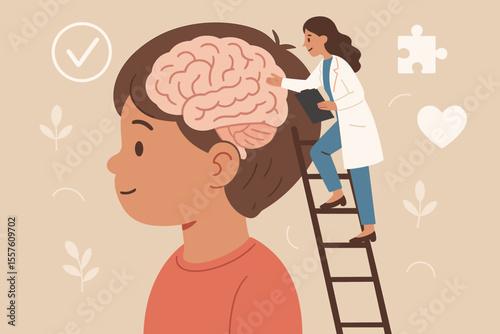 Child Mental Health Assessment Concept. Female Psychologist Examines Brain, Ladder Symbolizes Therapy, Cognitive Development, Psychological Support, Pediatric Counseling. Vector Illustration