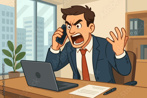 Stressed businessman arguing on phone in modern office, angry executive gesturing during heated call, workplace frustration, conflict resolution, corporate stress, cartoon vector illustration