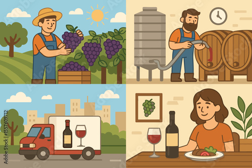 Vineyard to Table Wine Journey Vector Illustration. Grape Harvest, Winemaking Process, Wine Barrel Storage, Wine Delivery Truck, Wine Tasting, Restaurant Scene. Winery Production Concept Art