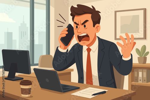 Stressed businessman arguing on smartphone, angry office worker in suit having heated phone call, frustration at work, conflict communication, modern corporate workplace, cartoon vector illustration