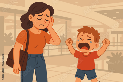 Stressed mother with upset child having tantrum in shopping mall. Parenting challenge, public meltdown, emotional child, overwhelmed parent. Family stress, discipline, motherhood concept illustration.