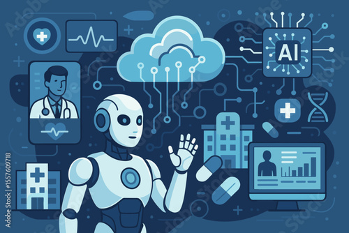 Artificial Intelligence Robot Healthcare Technology, Cloud Computing Medical Data, Digital Hospital Innovation, Telemedicine, Smart Health System, AI Diagnostics, Futuristic Medicine Concept