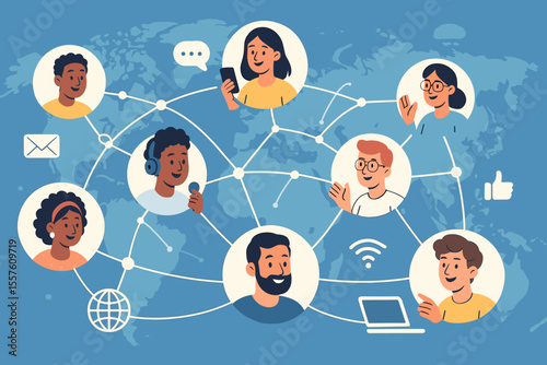 Global network of diverse people communicating digitally. Social media connections, online community, remote teamwork, international collaboration, cartoon vector illustration, world map background