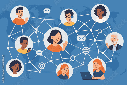 Global network of diverse people connected through digital communication, social media, technology, online interaction, teamwork, remote collaboration, cartoon illustration, world map background