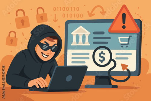 Cybercrime hacker stealing money from online banking system. Internet fraud, financial data breach, phishing attack, security risk. Cartoon vector illustration of cyber attack on digital bank account