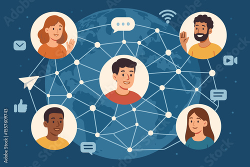 Global network of diverse people connected by digital communication, social media interaction, online community, internet connectivity, cartoon vector illustration, worldwide technology concept