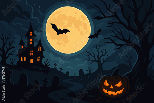 Spooky Halloween night graveyard scene with haunted house, glowing full moon, flying bats, scary jack-o-lantern pumpkin, dark twisted trees, eerie cemetery, creepy cartoon vector illustration