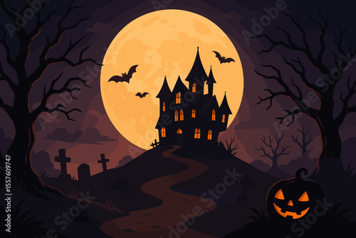Haunted house silhouette on hill with glowing full moon, spooky graveyard, bare trees, flying bats, jack-o’-lantern pumpkin, Halloween night dark landscape, eerie cartoon vector illustration