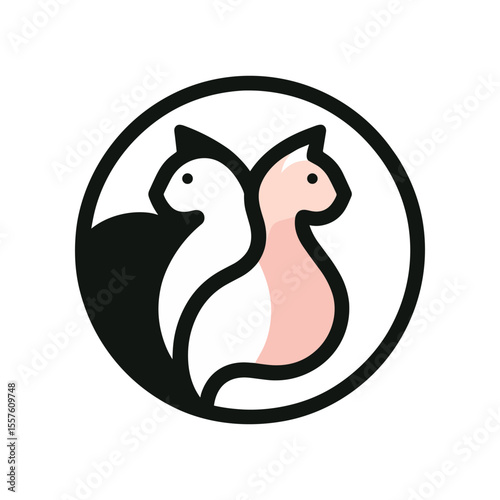 Two stylized cats in contrasting colors within a circular design, symbolizing harmony and companionship