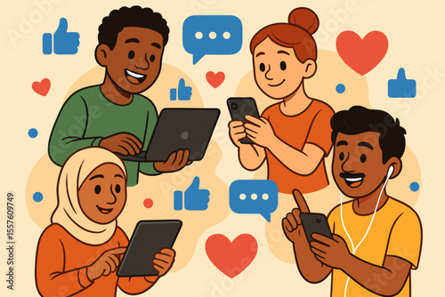Diverse group of people using digital devices for social media connection. Multicultural friends with smartphones, tablets, laptops. Online communication, technology, internet, networking concept