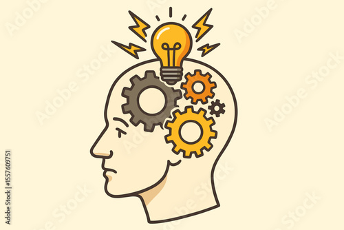 Human Head with Mechanical Gears and Light Bulb, Brainstorming, Innovation, Creative Thinking, Problem Solving, Intelligence, Engineering, Mental Process, Vector Illustration, No Text