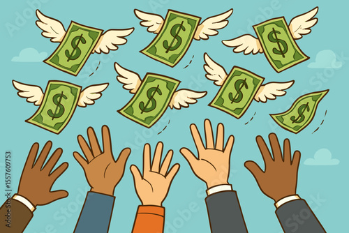 Diverse hands reaching for flying dollar bills with wings, concept of financial opportunity, money loss, chasing wealth, economic success, cartoon vector illustration, metaphor for elusive finances