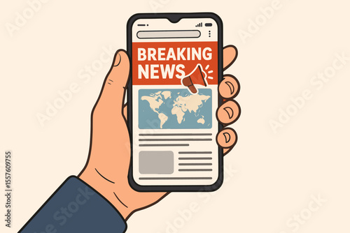 Hand holding smartphone with breaking news alert, world map, and news website interface, real-time information update, online journalism, digital media notification, vector cartoon illustration